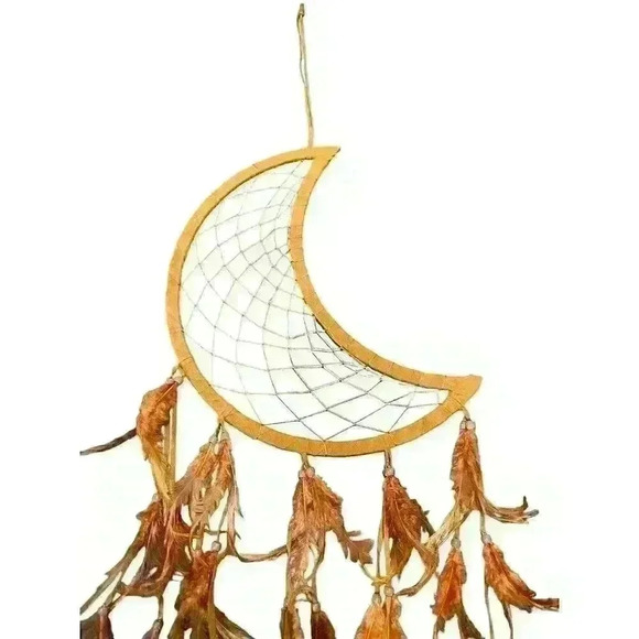 Crescent Moon Dream Catcher Brown Suede Feathers & Beads 34" Long - Picture 2 of 5